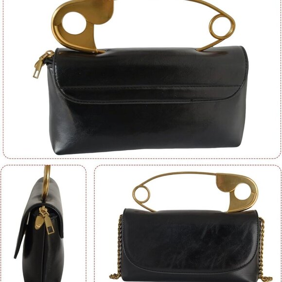 Women's Small Black Soft Pin Shaped Vegan Leather Crossbody Purse Bag with Gold - Picture 6 of 7